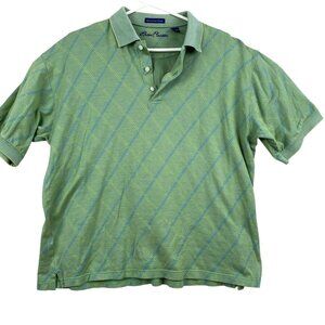 Alan Flusser Men's Polo Shirt L Green Argyle Cotton Short Sleeve Casual